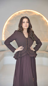 Exclusive Brown Peplum Dress with Hand-beadwork and Pleated Skirt