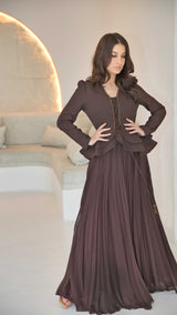 Exclusive Brown Peplum Dress with Hand-beadwork and Pleated Skirt