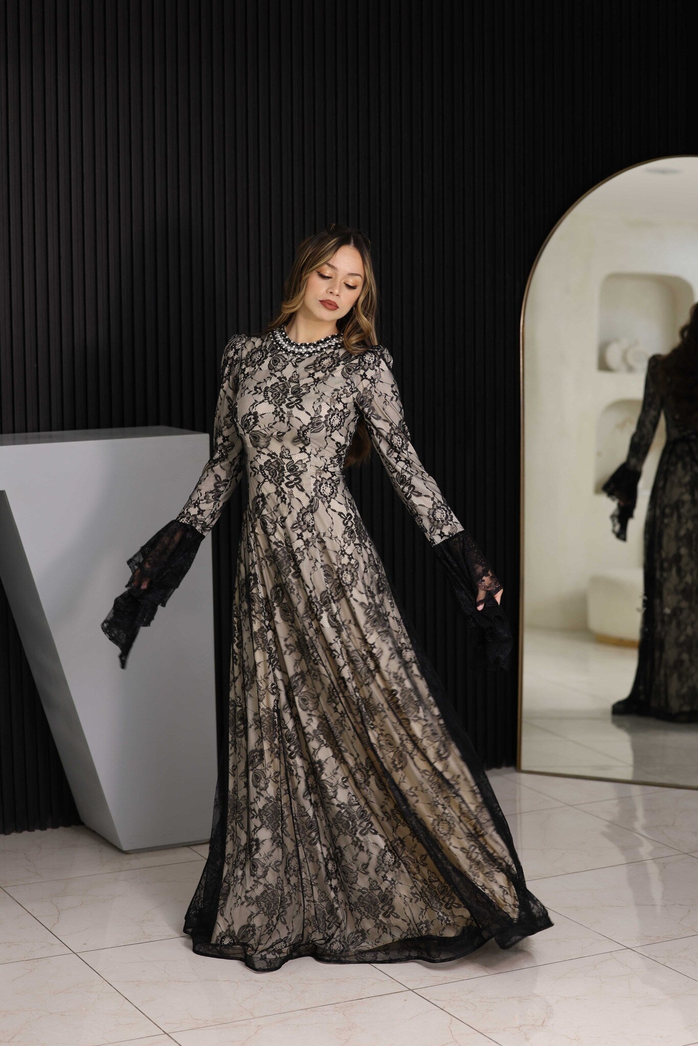 Luxury Lace black & nude Gown with beaded neckline (full length)