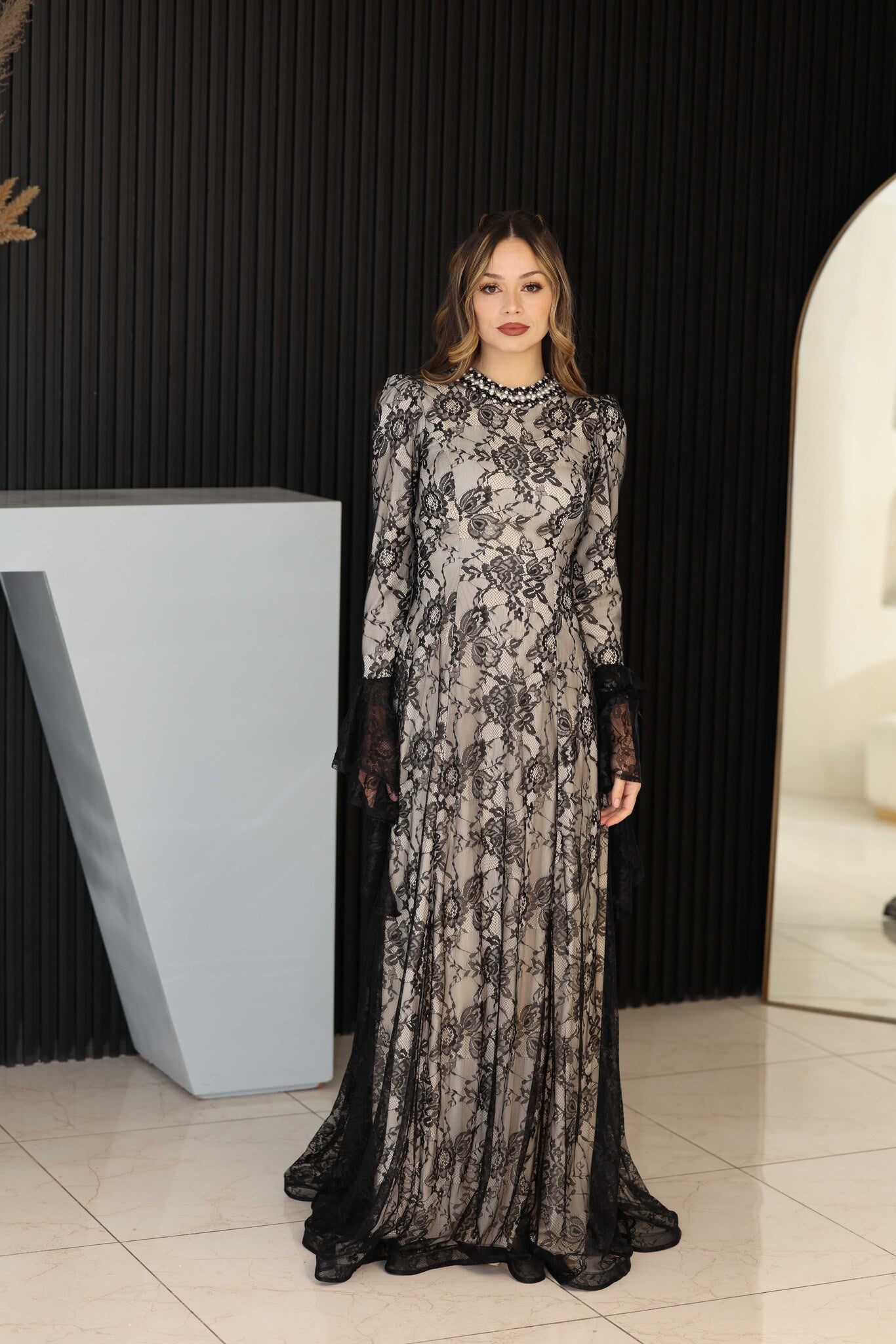 Luxury Lace black & nude Gown with beaded neckline (full length)