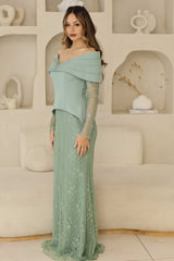 Luxury Sage Green Evening Gown with hand-beadwork