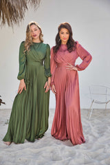 V-Neck Design Satin Pleated Dress