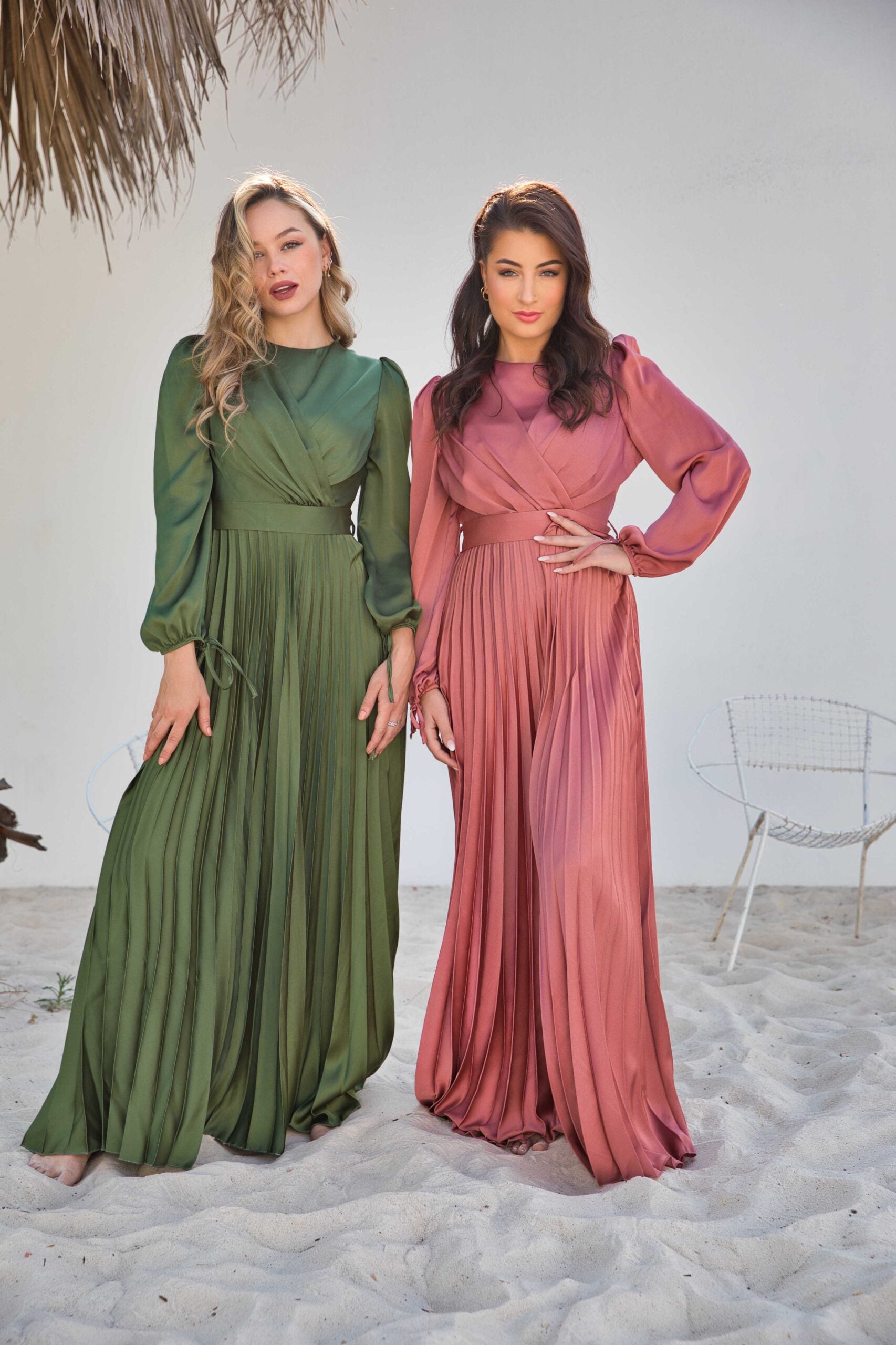 V-Neck Design Satin Pleated Dress