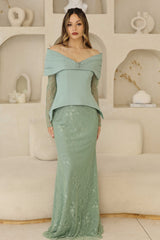 Luxury Sage Green Evening Gown with hand-beadwork