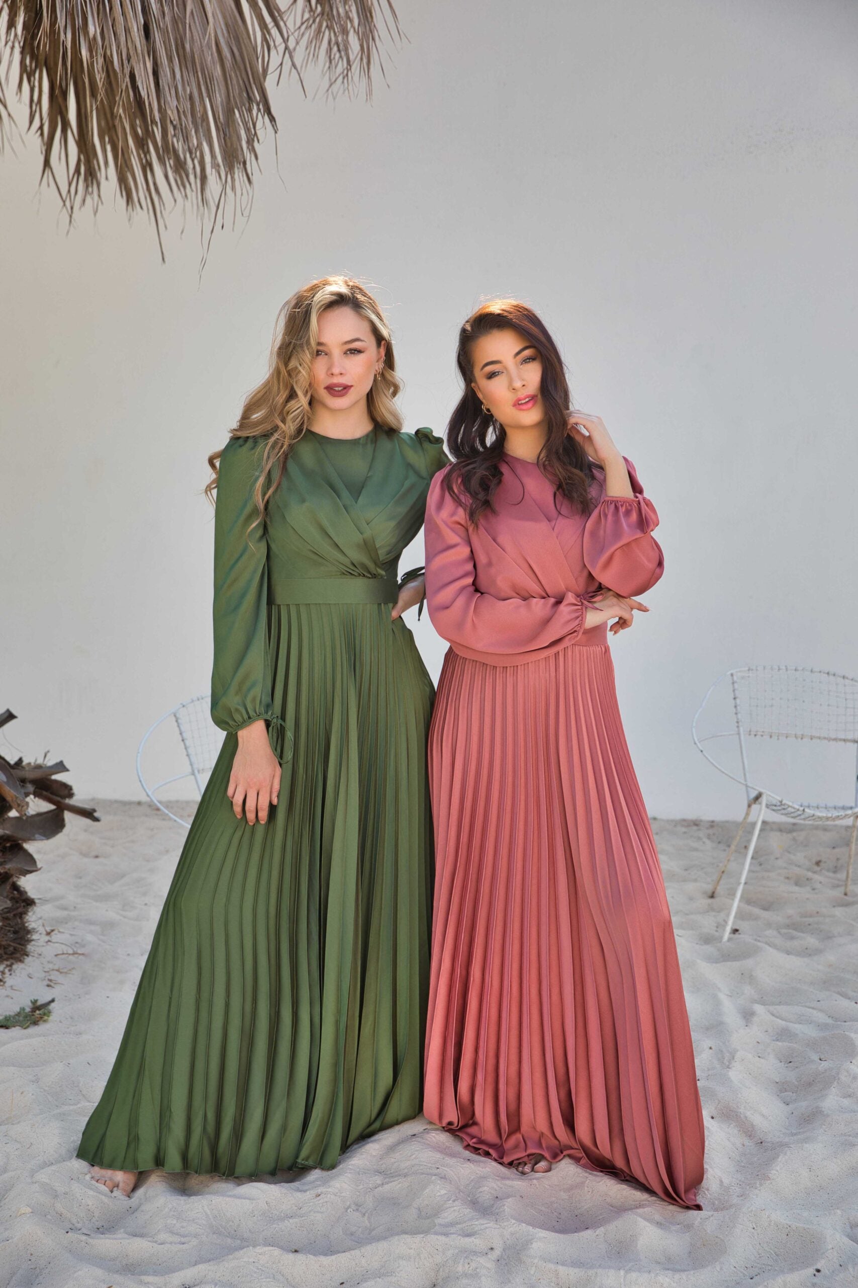 V-Neck Design Satin Pleated Dress