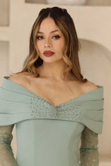 Luxury Sage Green Evening Gown with hand-beadwork
