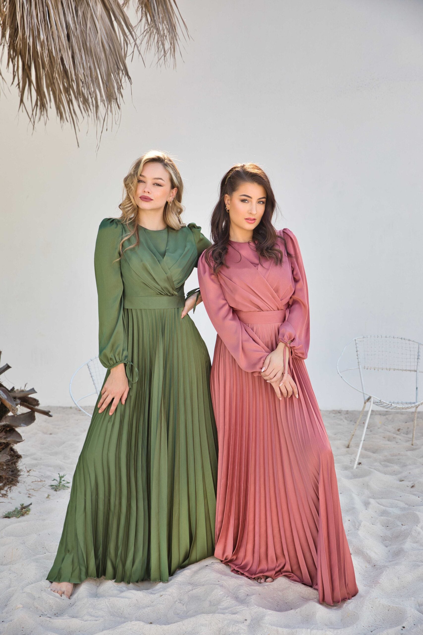 V-Neck Design Satin Pleated Dress