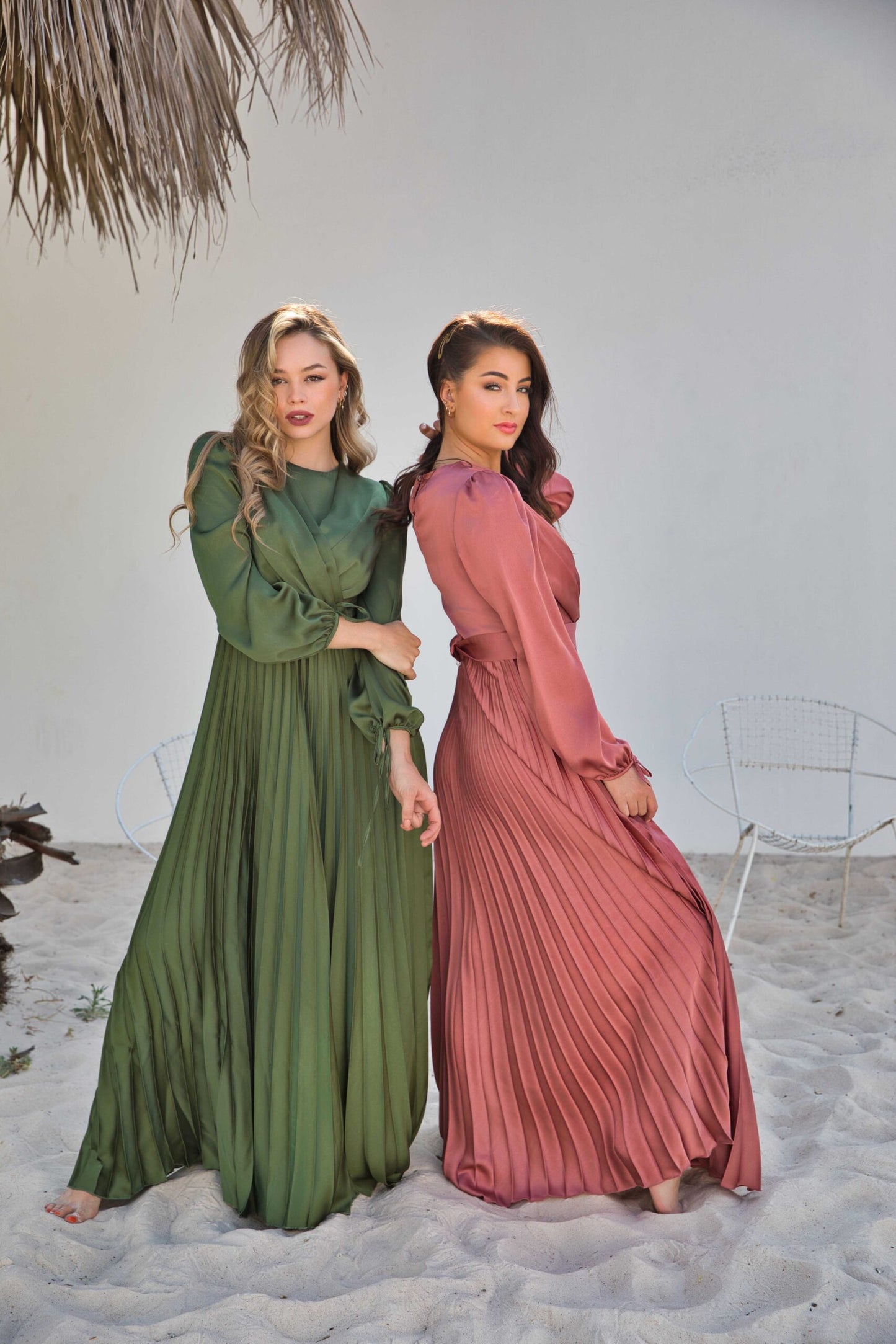 V-Neck Design Satin Pleated Dress