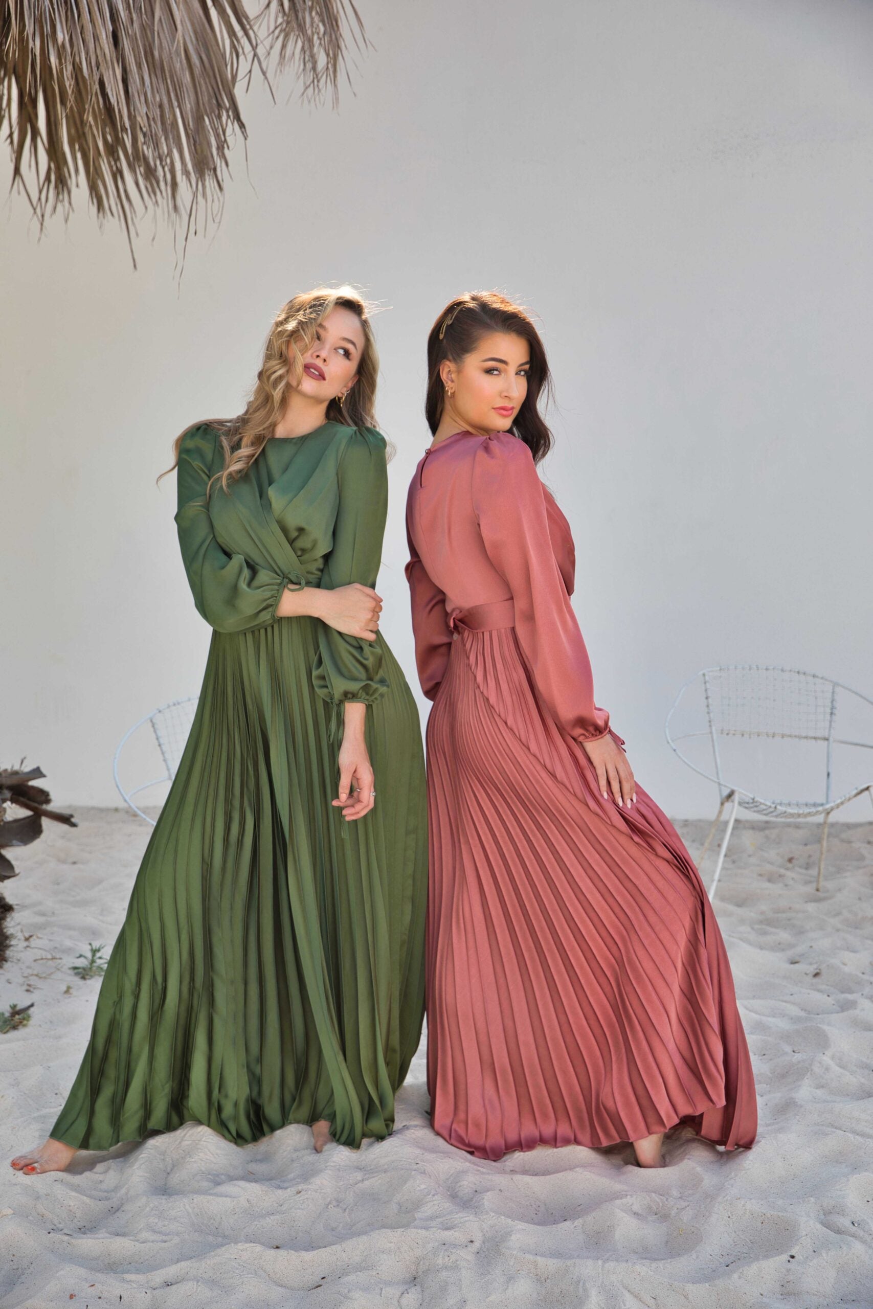 V-Neck Design Satin Pleated Dress