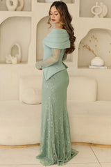 Luxury Sage Green Evening Gown with hand-beadwork