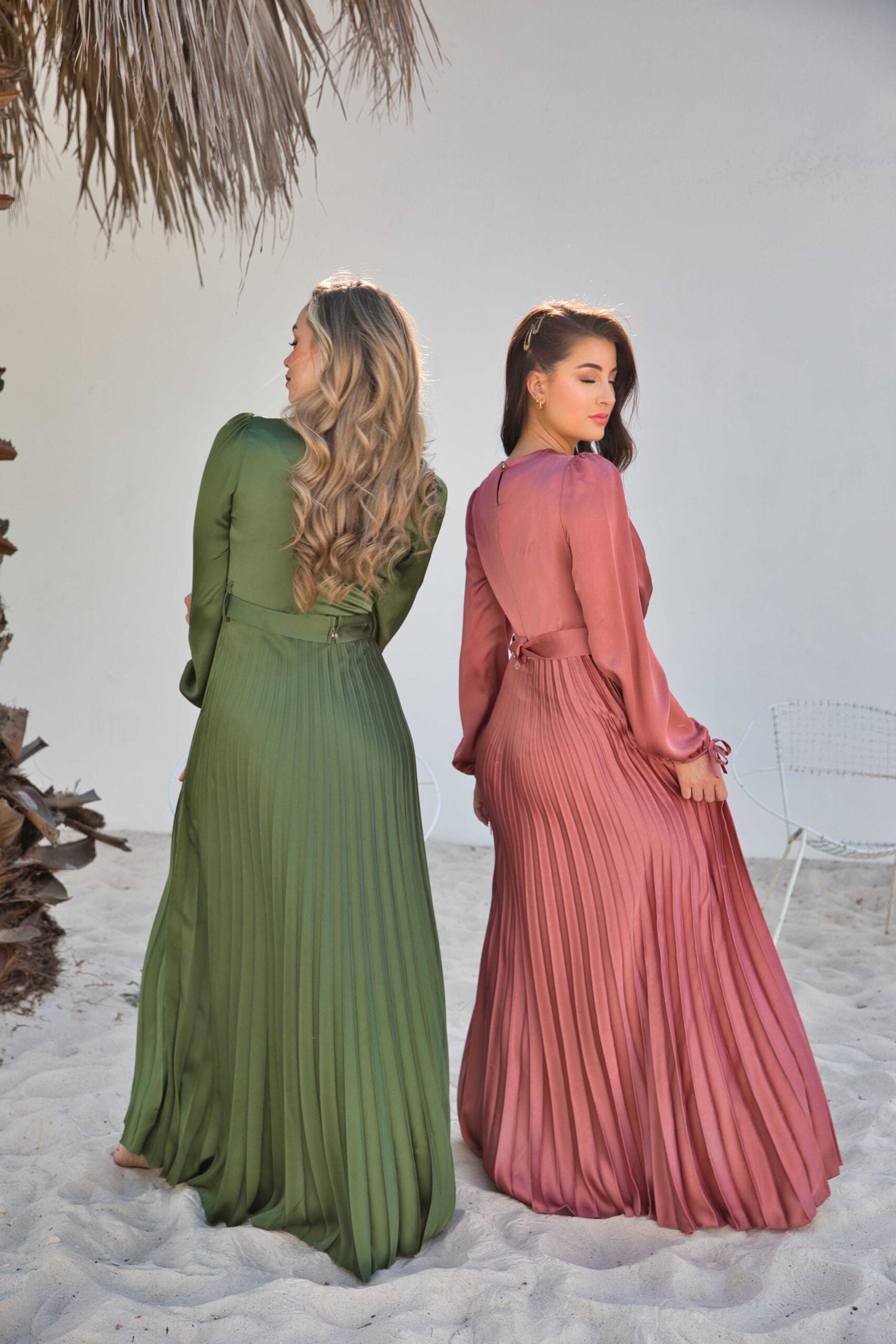 V-Neck Design Satin Pleated Dress