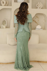 Luxury Sage Green Evening Gown with hand-beadwork