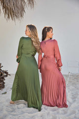 V-Neck Design Satin Pleated Dress