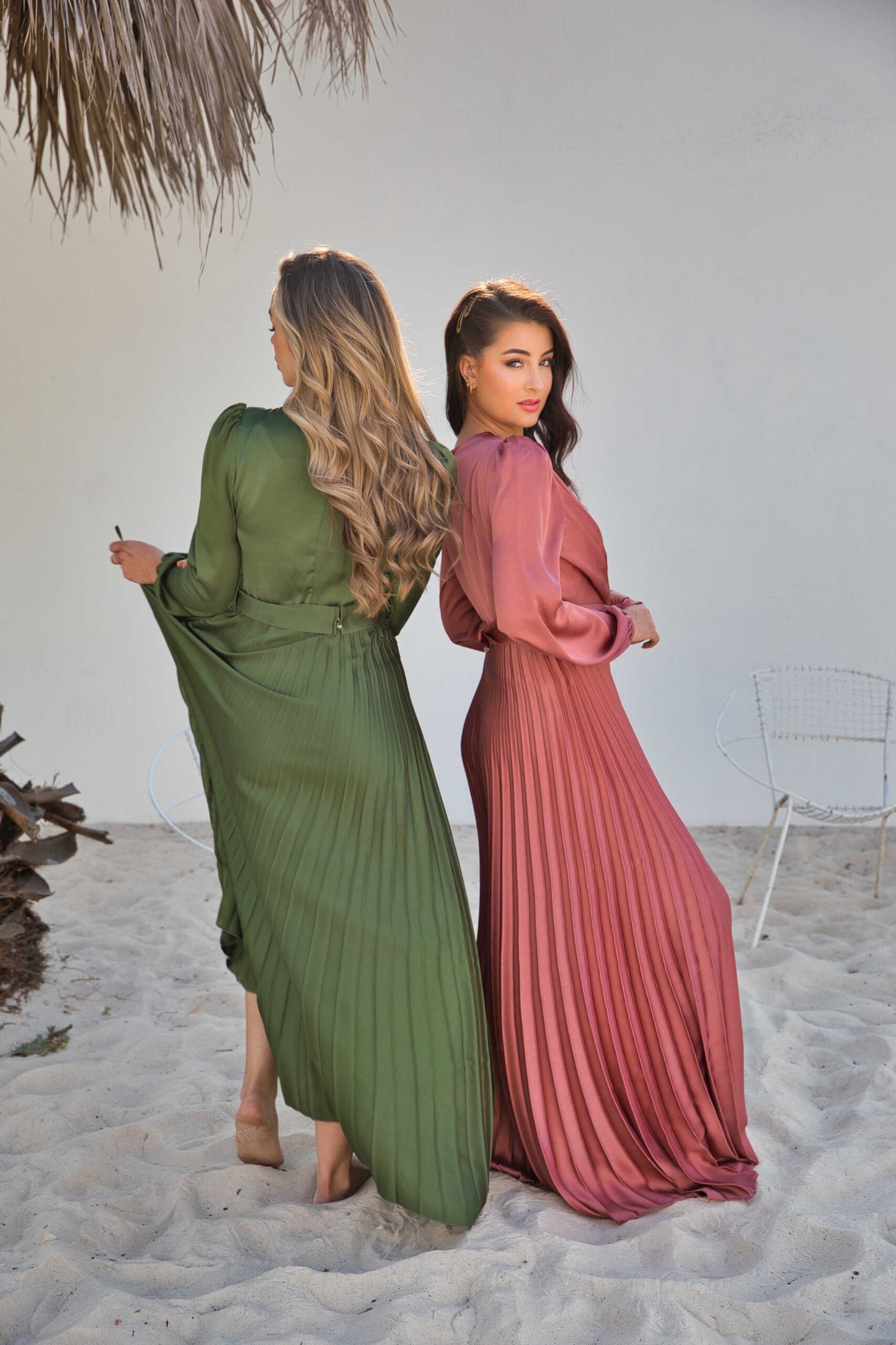 V-Neck Design Satin Pleated Dress