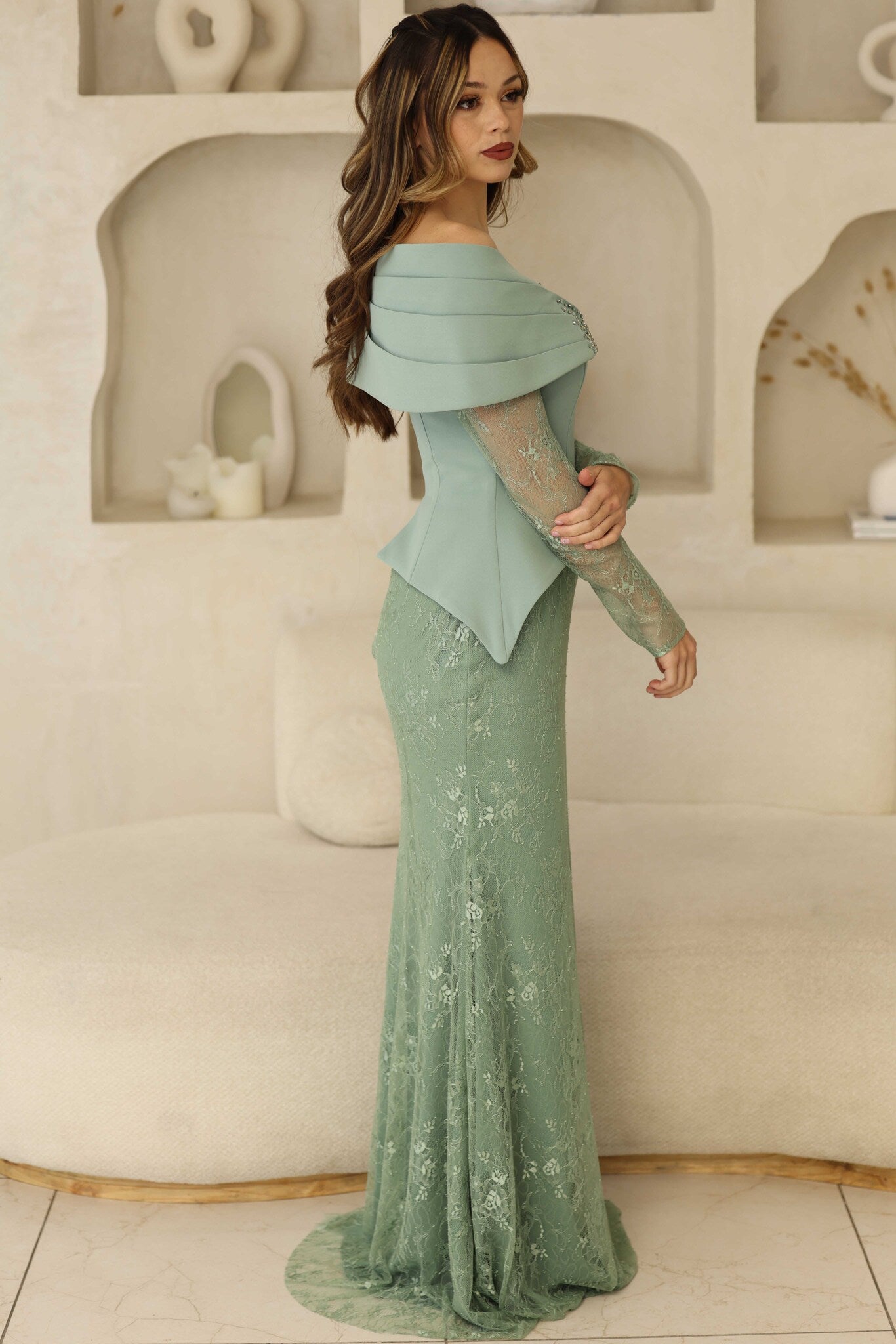Luxury Sage Green Evening Gown with hand-beadwork
