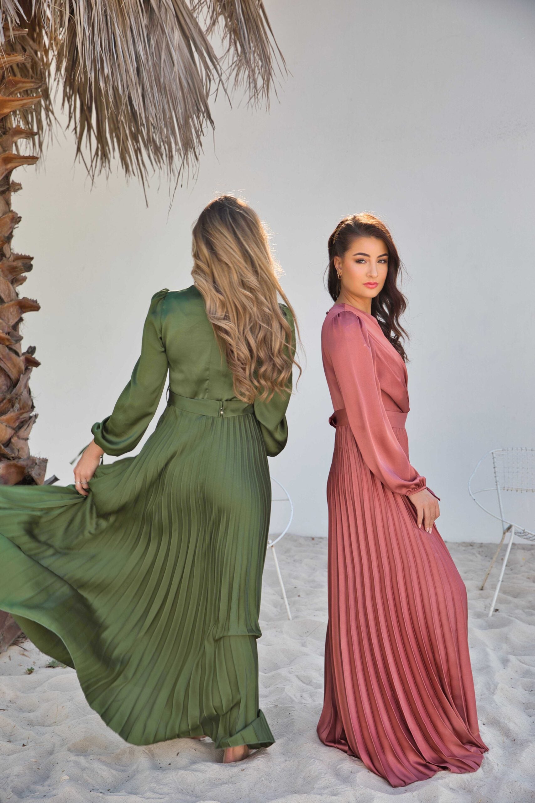 V-Neck Design Satin Pleated Dress