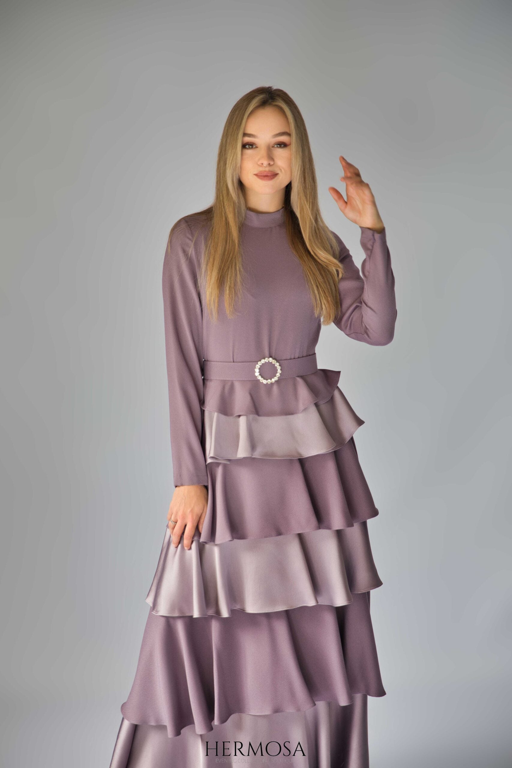 Lilac Tiered Luxury Dress with Diamante Belt.