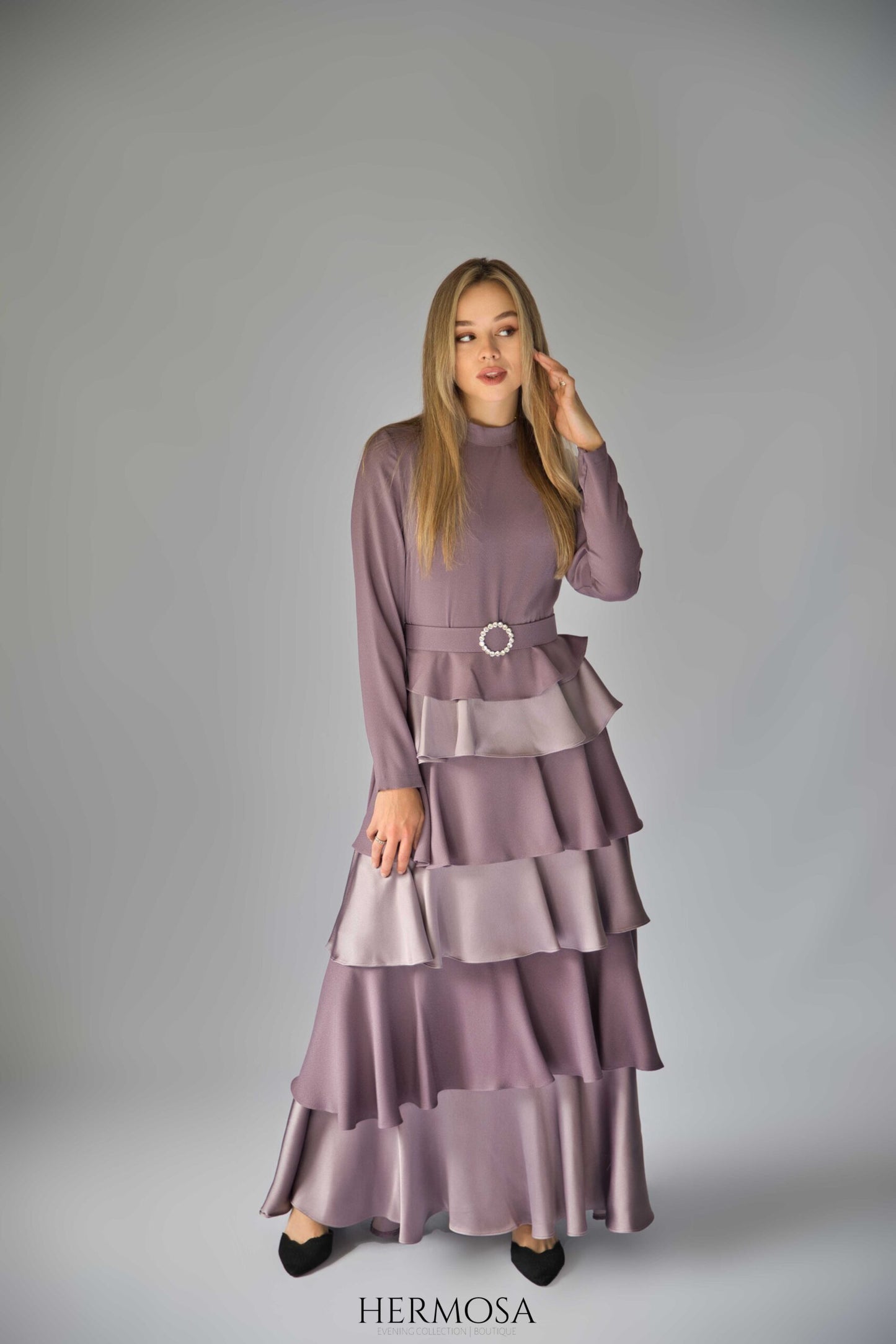 Lilac Tiered Luxury Dress with Diamante Belt.
