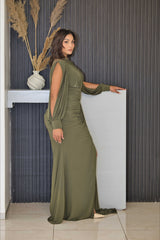 Luxury Olive Evening Dress with Beaded Neckline & Slit