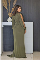 Luxury Olive Evening Dress with Beaded Neckline & Slit