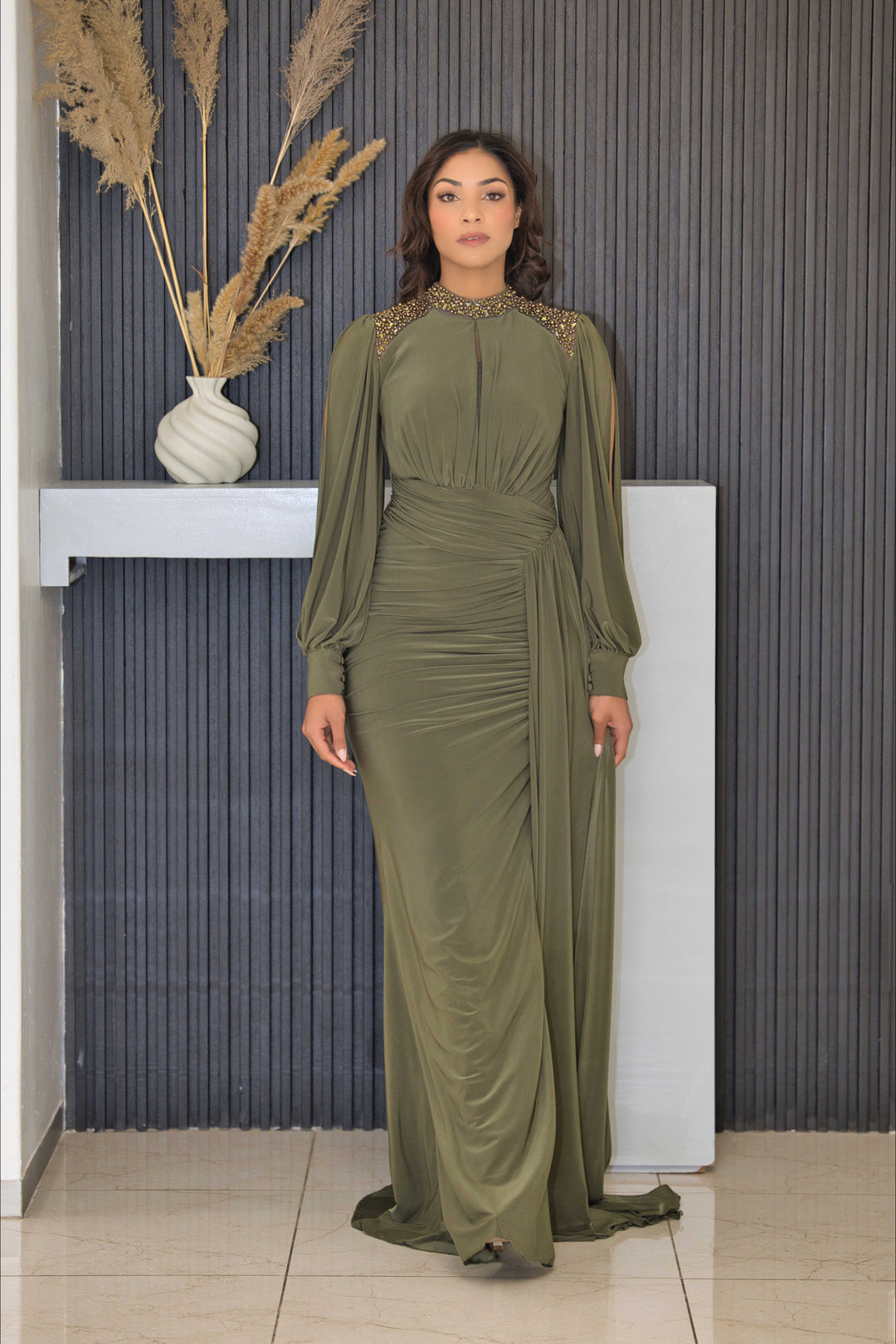 Luxury Olive Evening Dress with Beaded Neckline & Slit