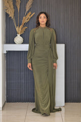 Luxury Olive Evening Dress with Beaded Neckline & Slit