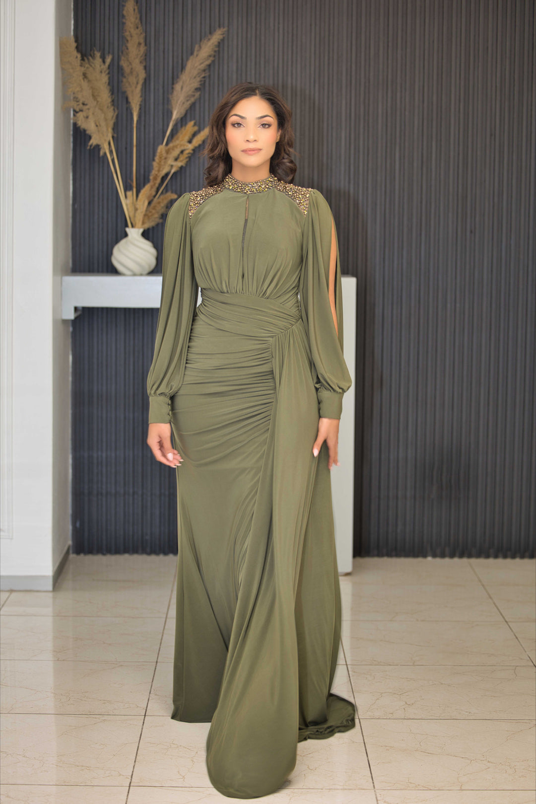 Luxury Olive Evening Dress with Beaded Neckline & Slit