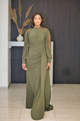 Luxury Olive Evening Dress with Beaded Neckline & Slit