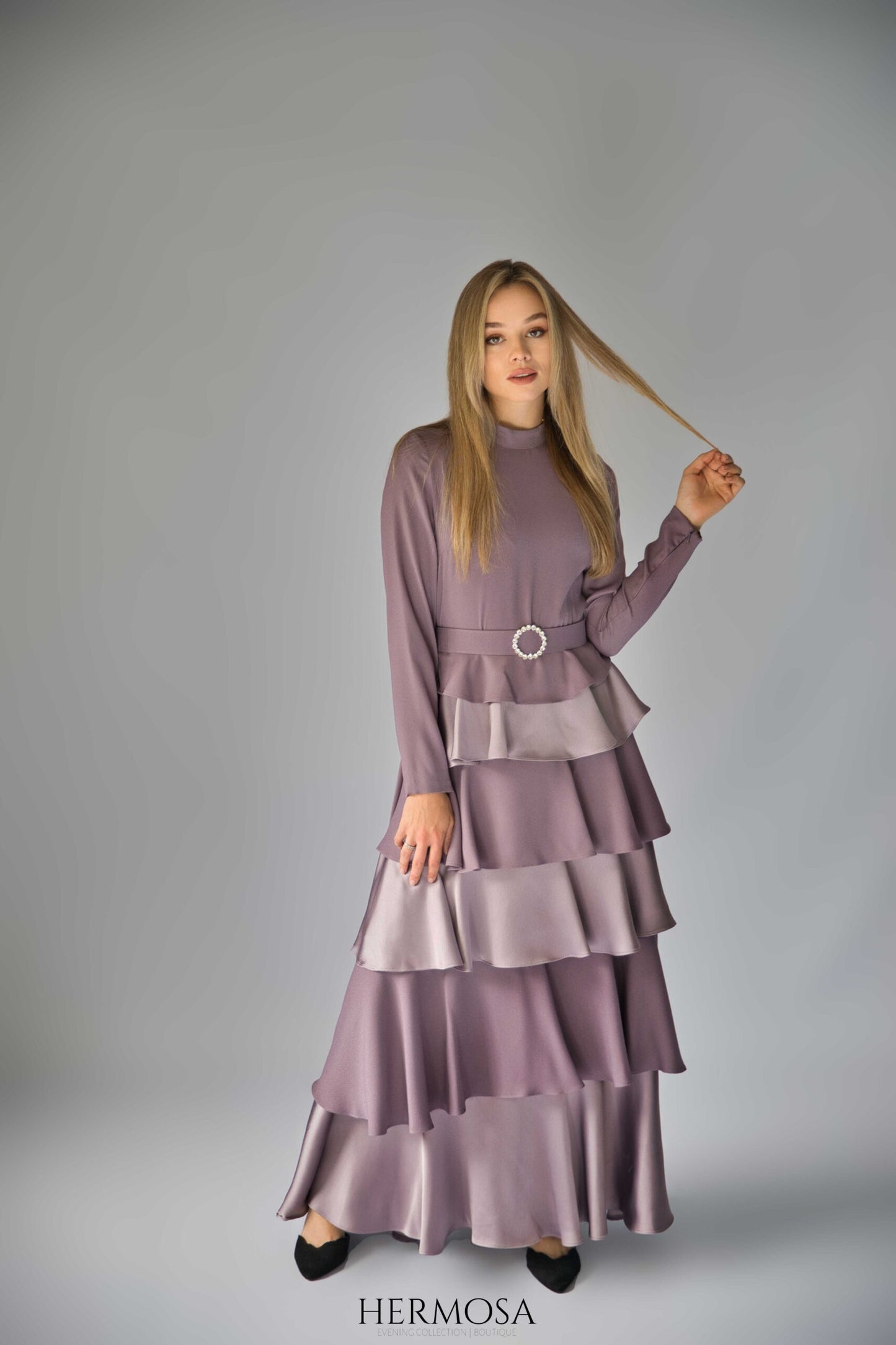 Lilac Tiered Luxury Dress with Diamante Belt.
