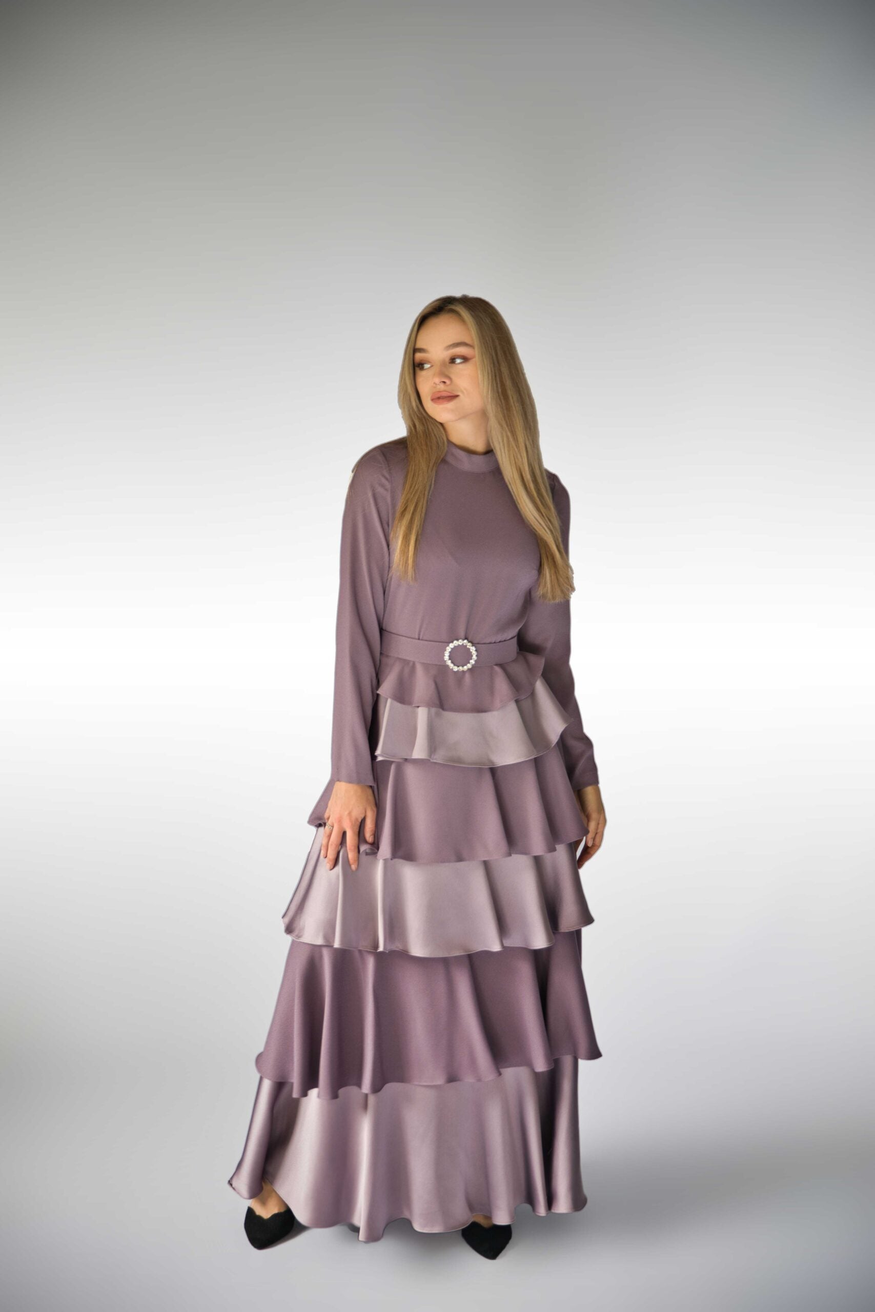 Lilac Tiered Luxury Dress with Diamante Belt.