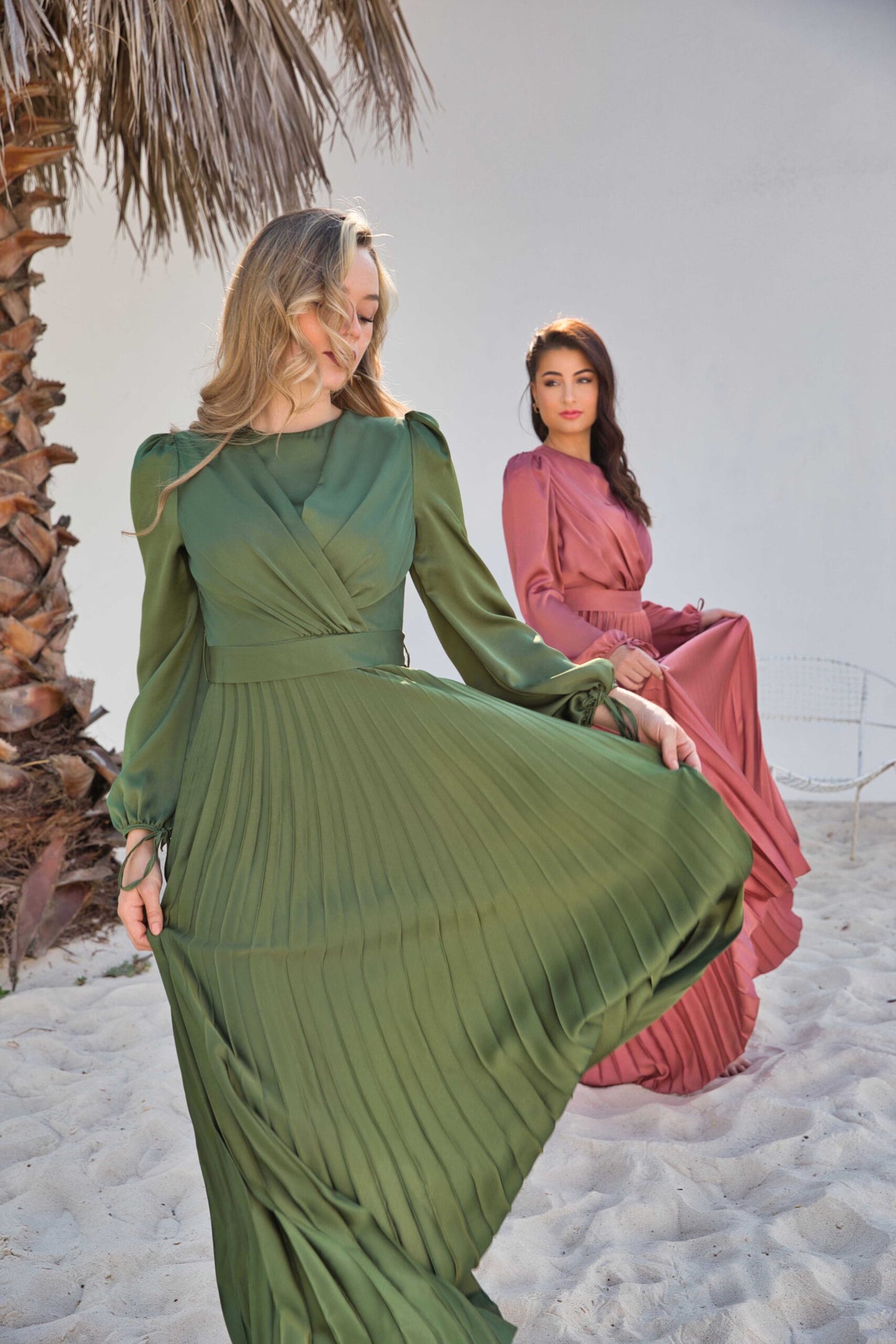 V-Neck Design Satin Pleated Dress