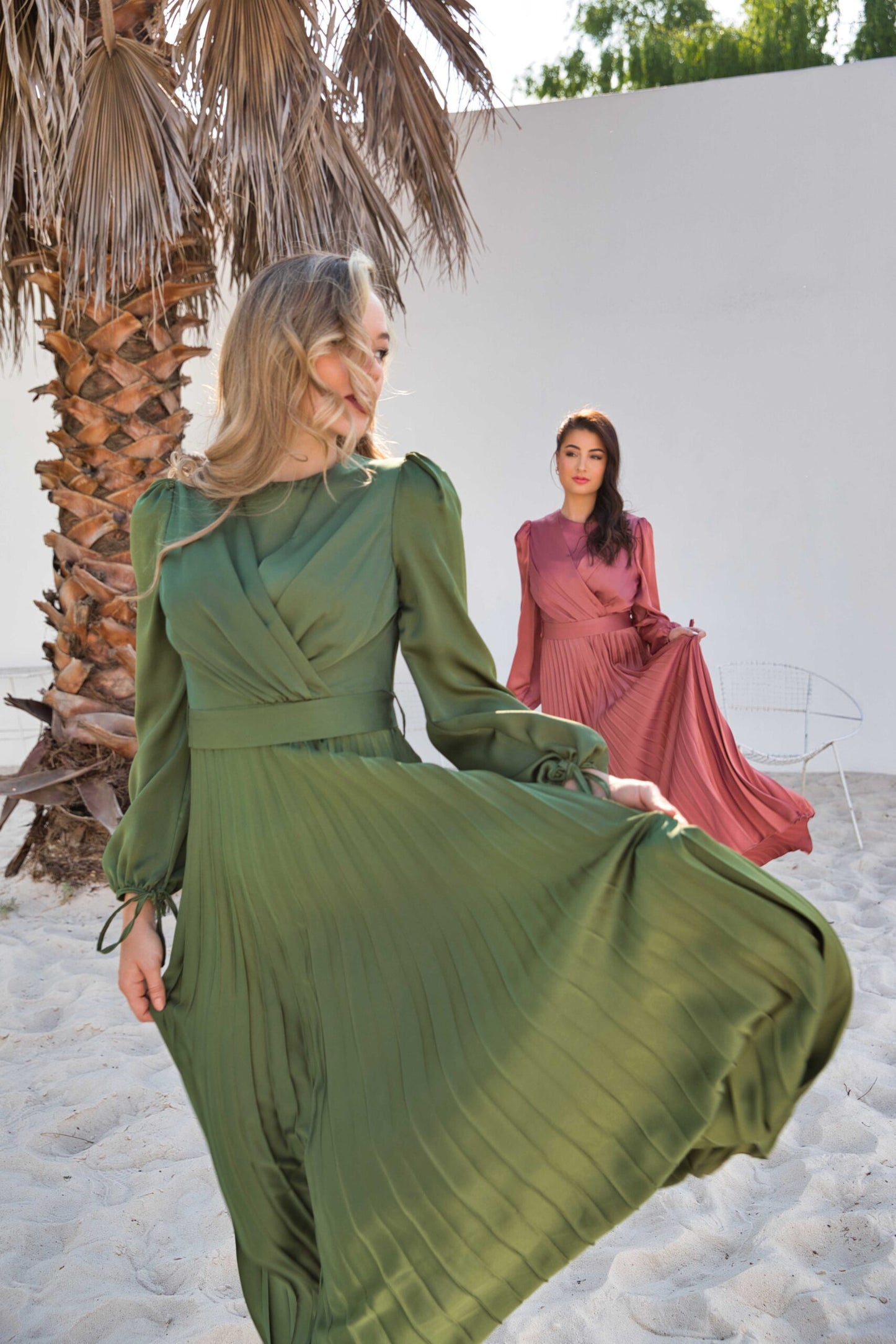 V-Neck Design Satin Pleated Dress