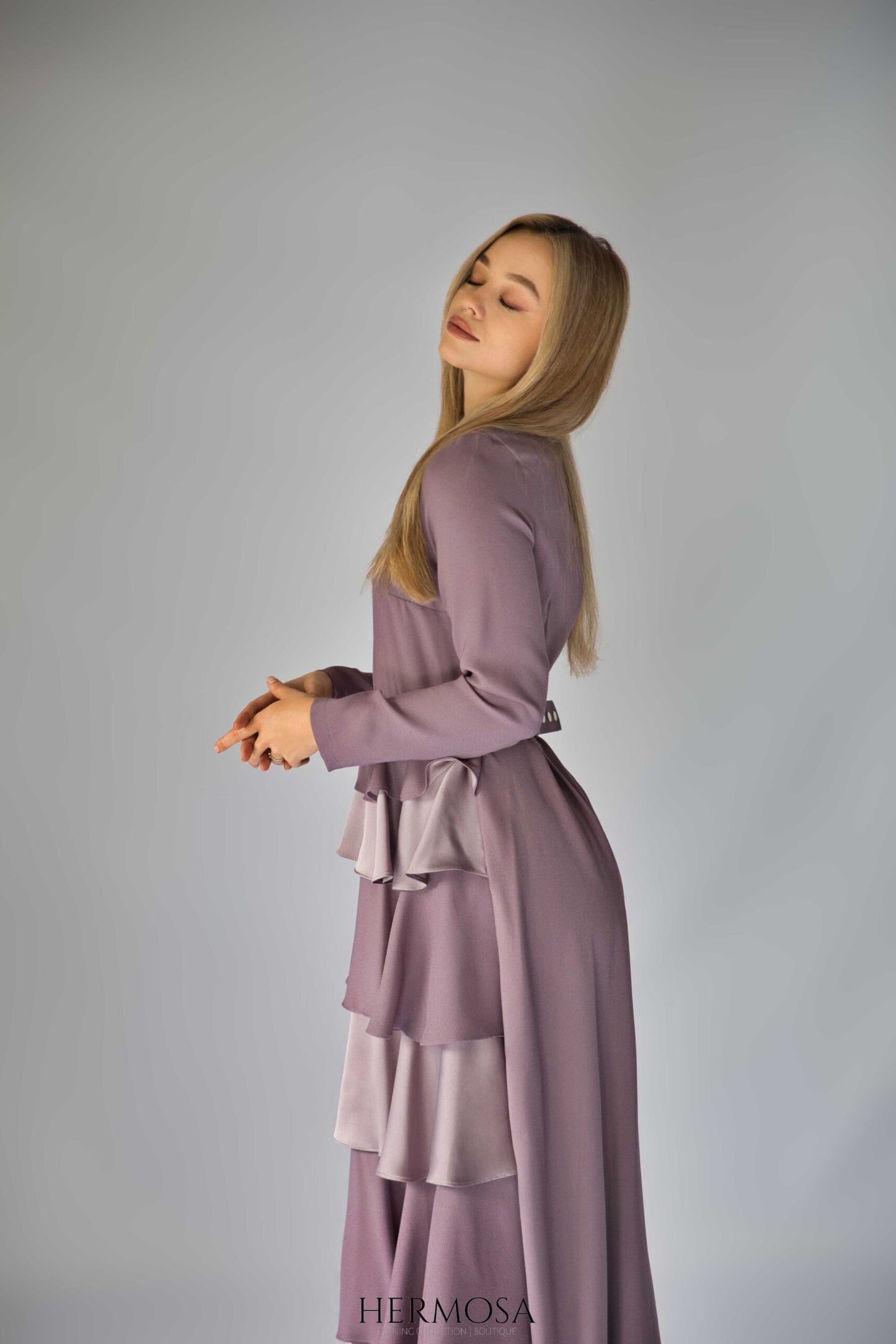 Lilac Tiered Luxury Dress with Diamante Belt.