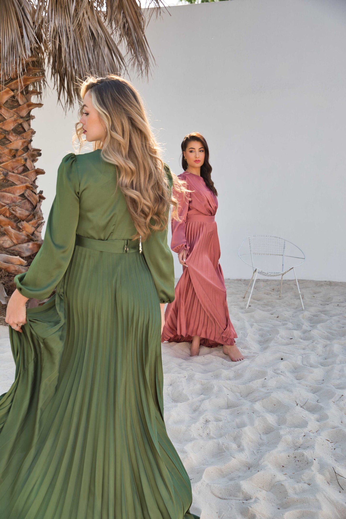 V-Neck Design Satin Pleated Dress