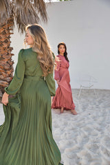 V-Neck Design Satin Pleated Dress