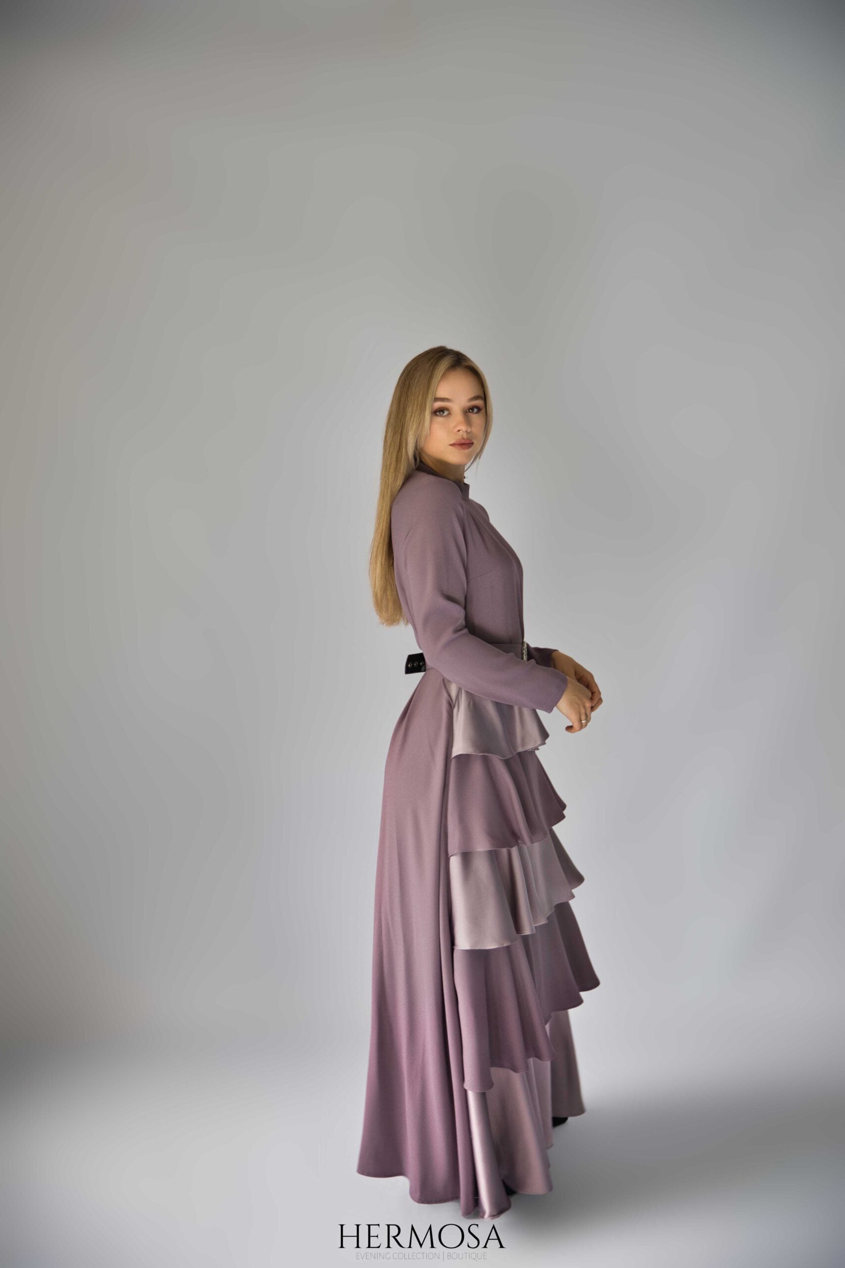 Lilac Tiered Luxury Dress with Diamante Belt.