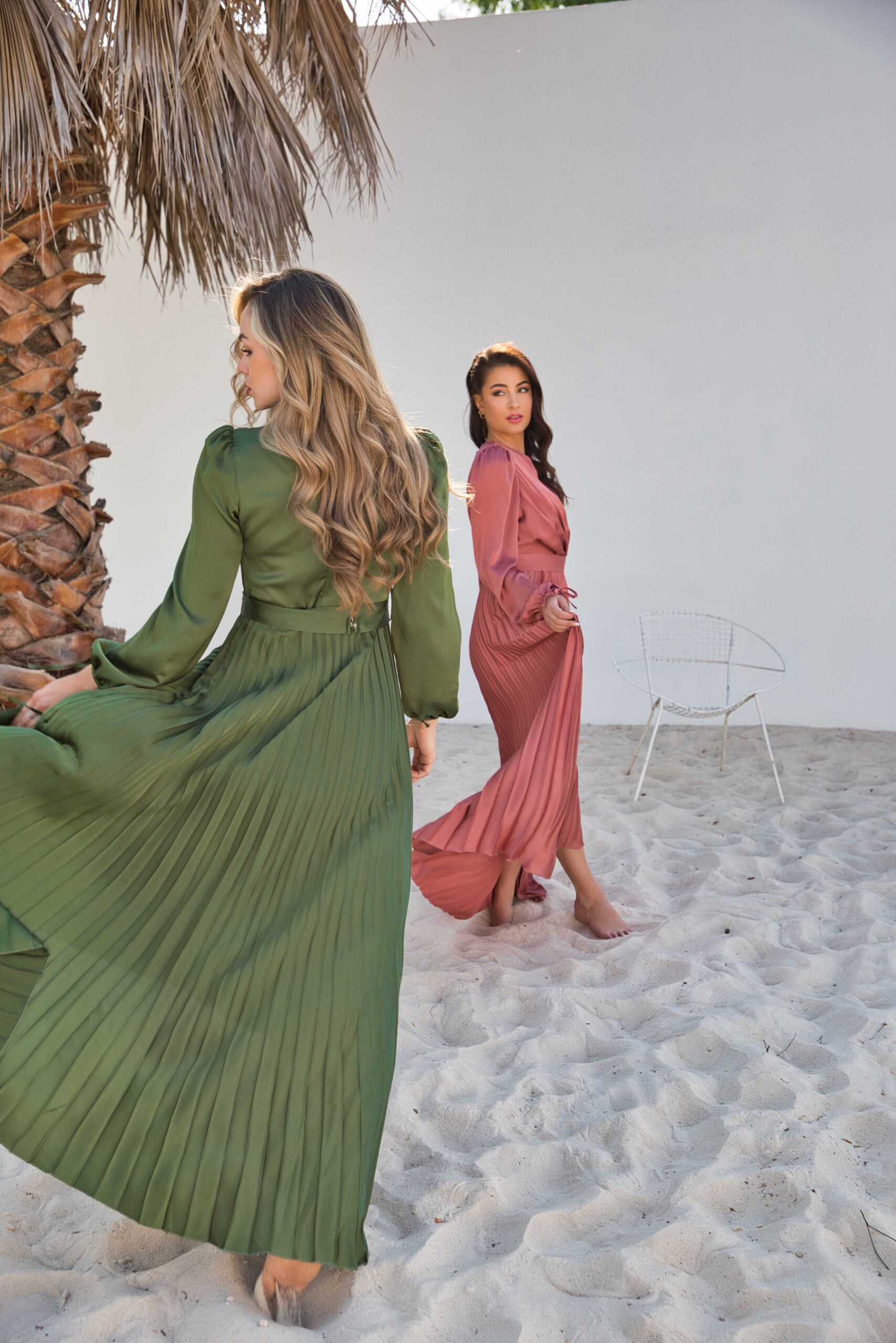 V-Neck Design Satin Pleated Dress