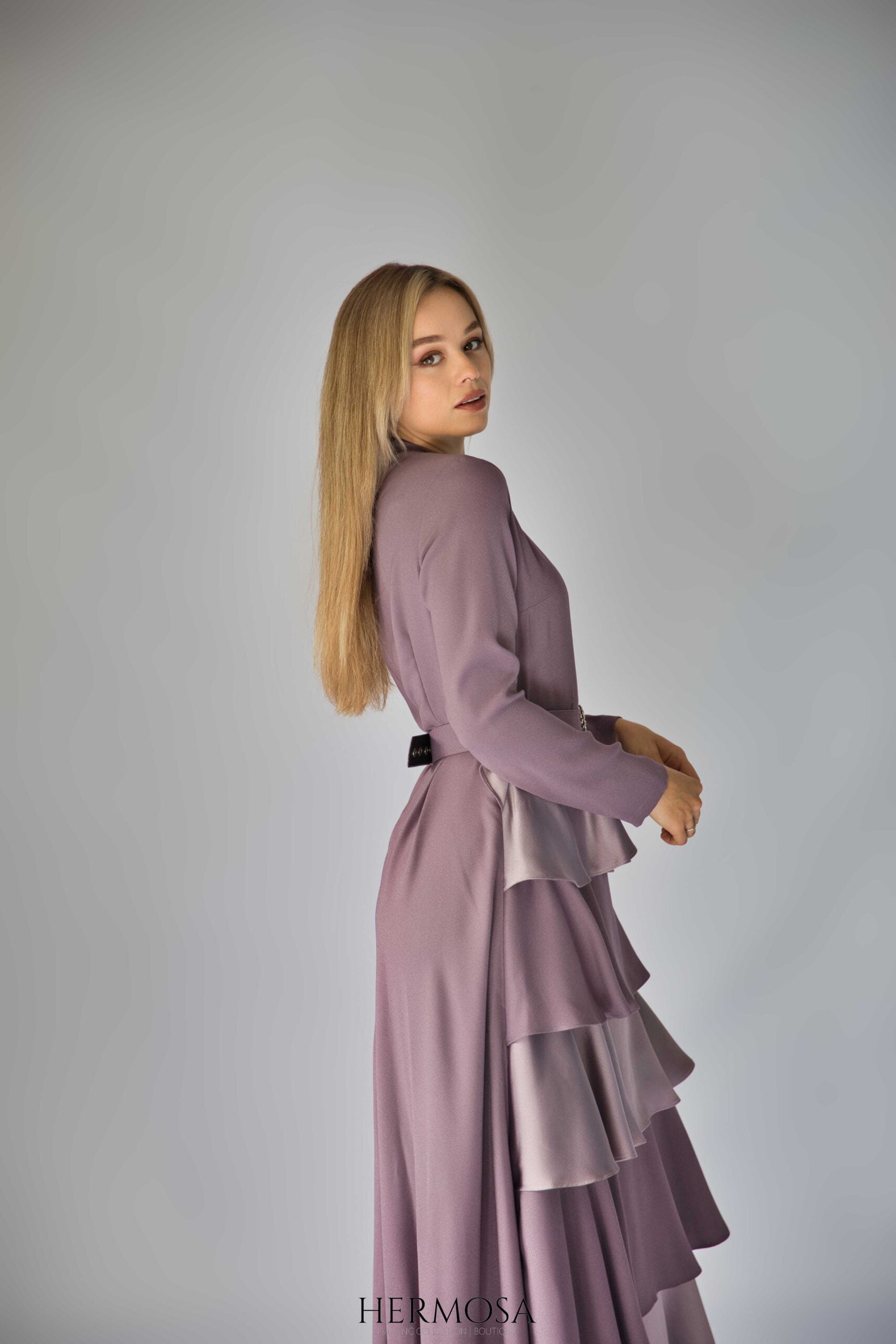 Lilac Tiered Luxury Dress with Diamante Belt.