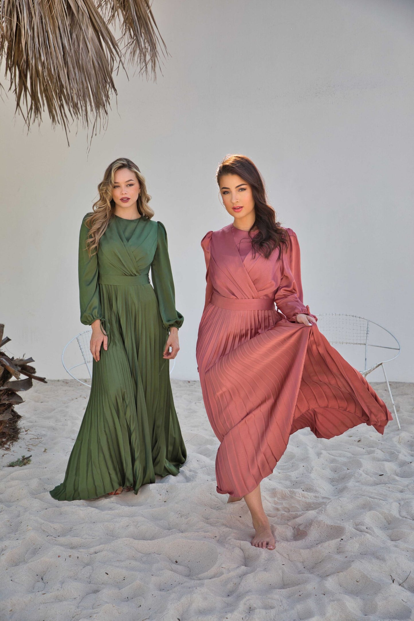 V-Neck Design Satin Pleated Dress