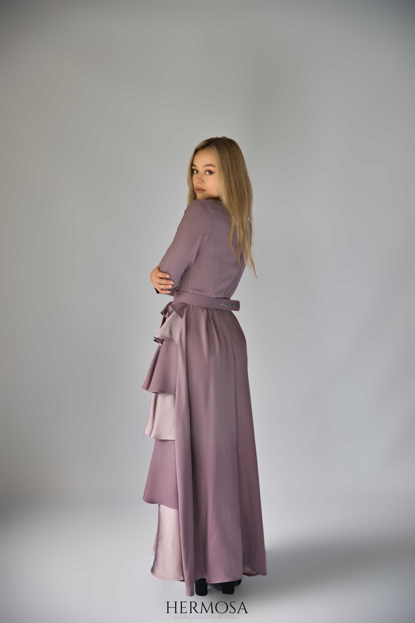 Lilac Tiered Luxury Dress with Diamante Belt.