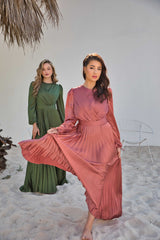 V-Neck Design Satin Pleated Dress