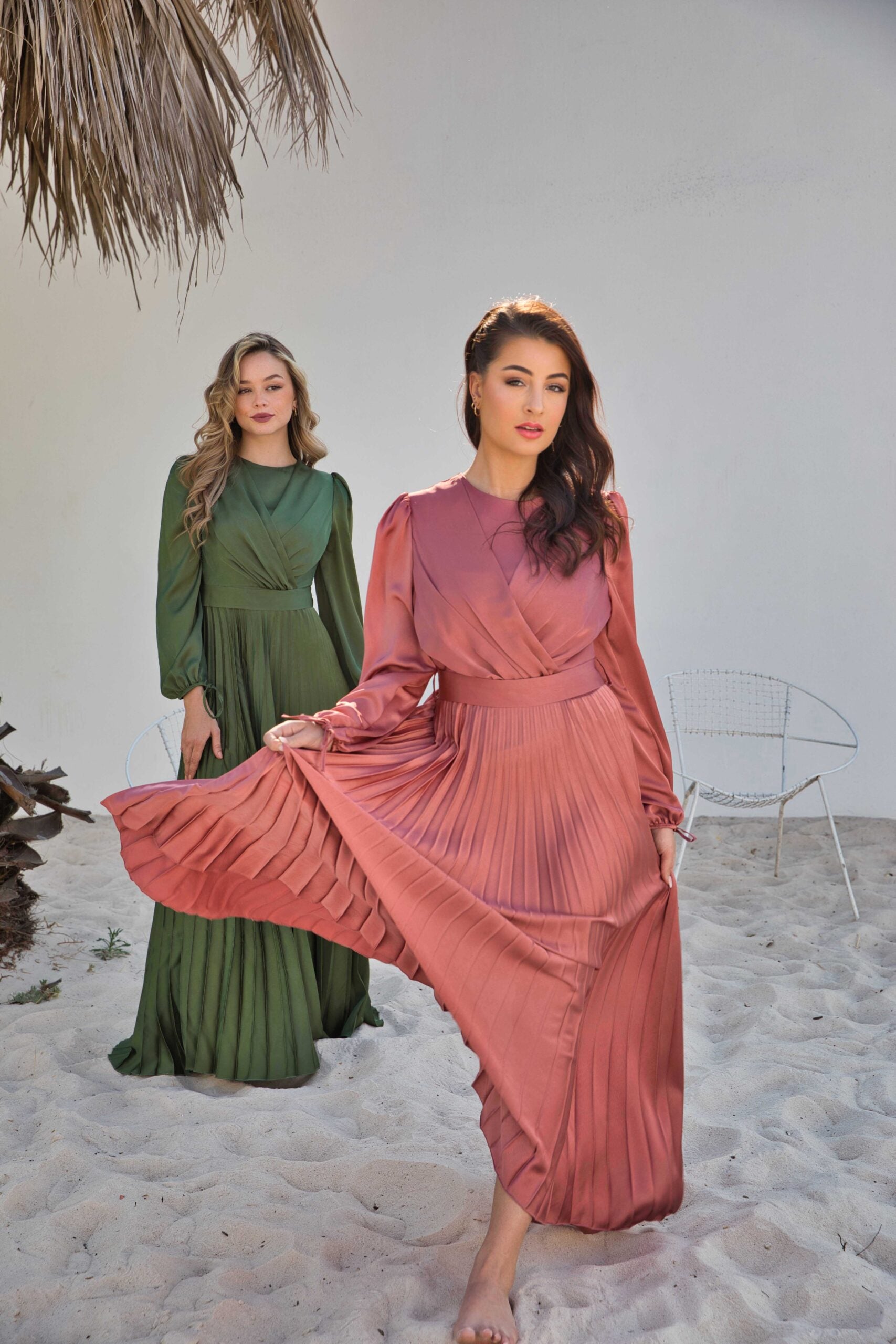 V-Neck Design Satin Pleated Dress