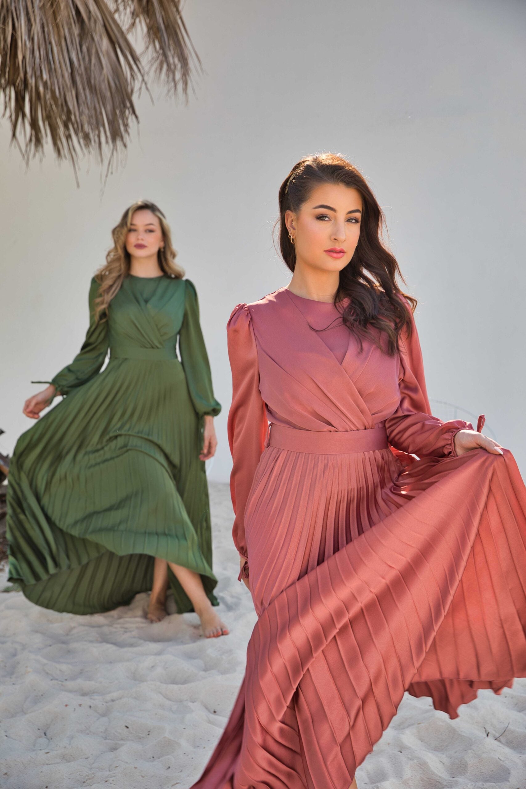 V-Neck Design Satin Pleated Dress