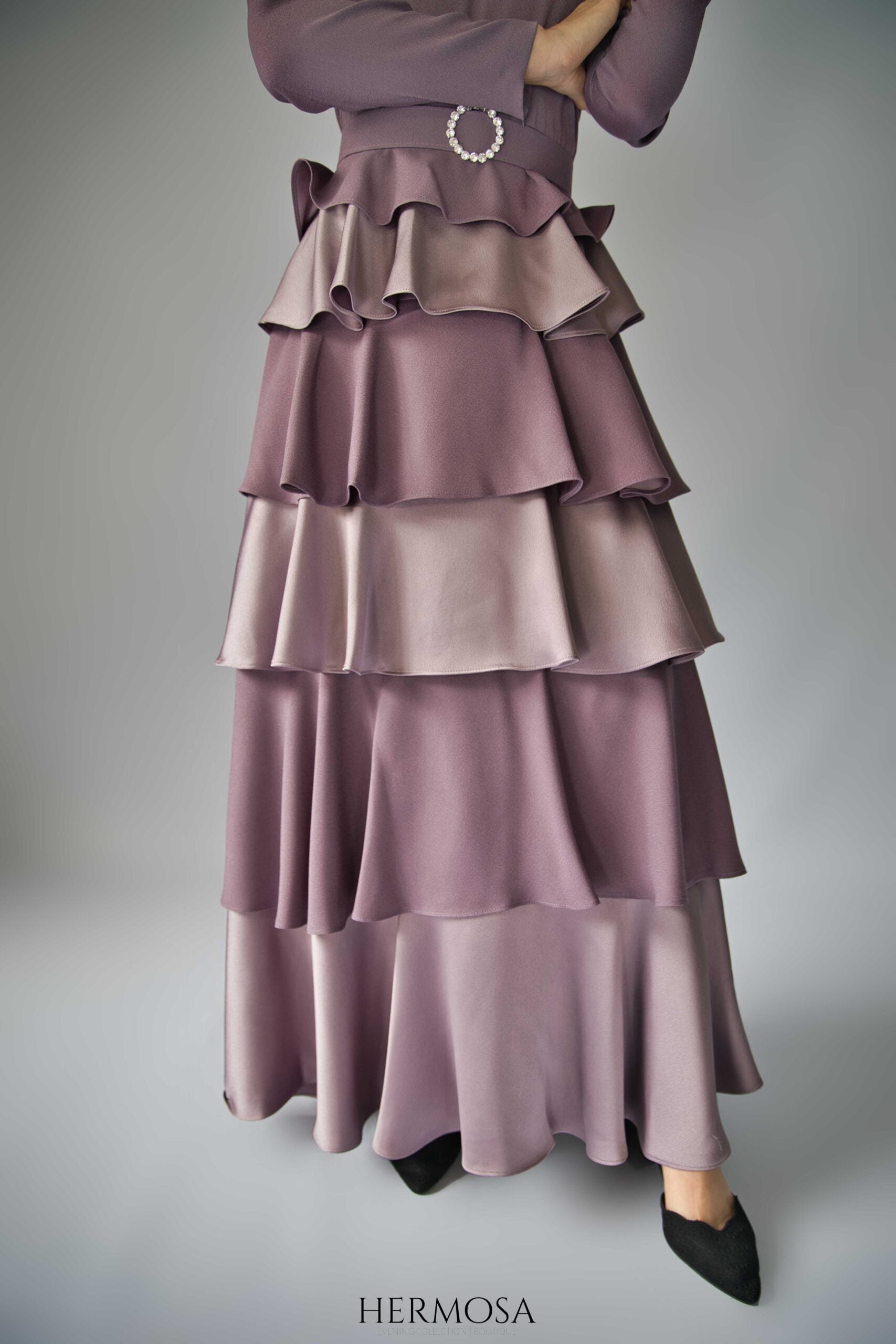 Lilac Tiered Luxury Dress with Diamante Belt.