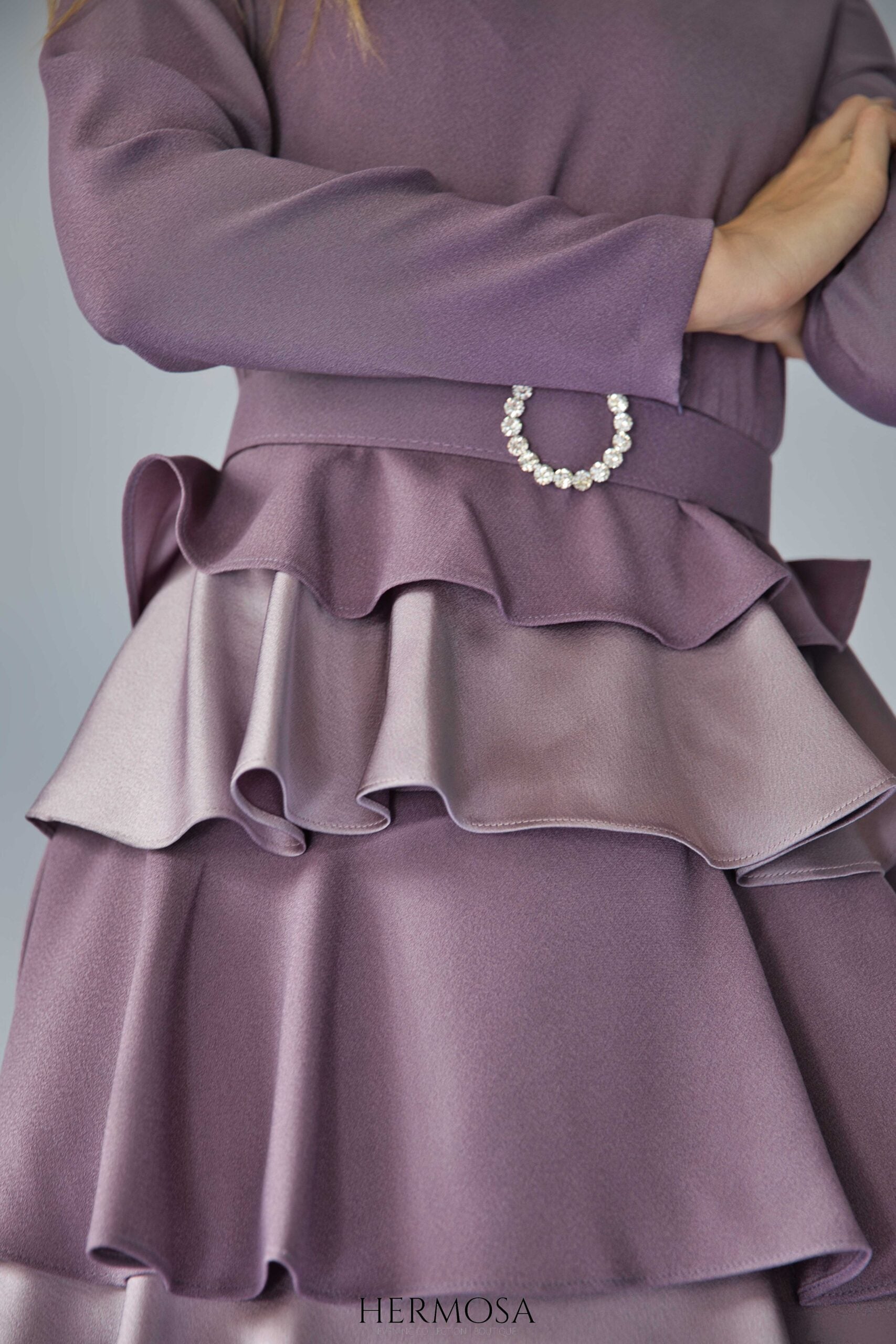 Lilac Tiered Luxury Dress with Diamante Belt.