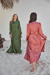 V-Neck Design Satin Pleated Dress