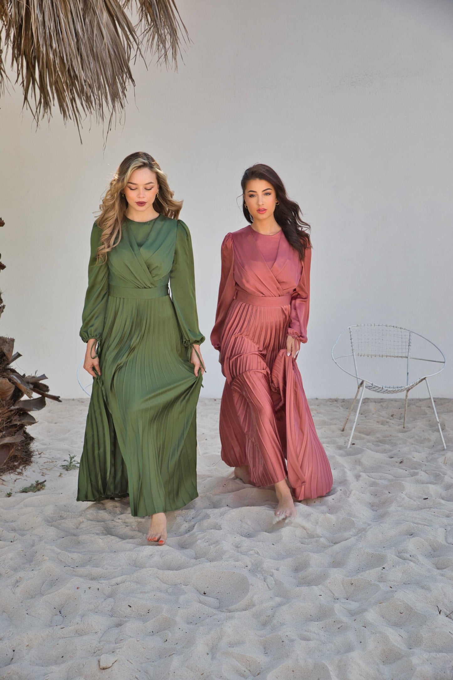 V-Neck Design Satin Pleated Dress