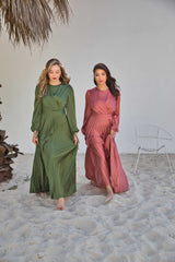 V-Neck Design Satin Pleated Dress