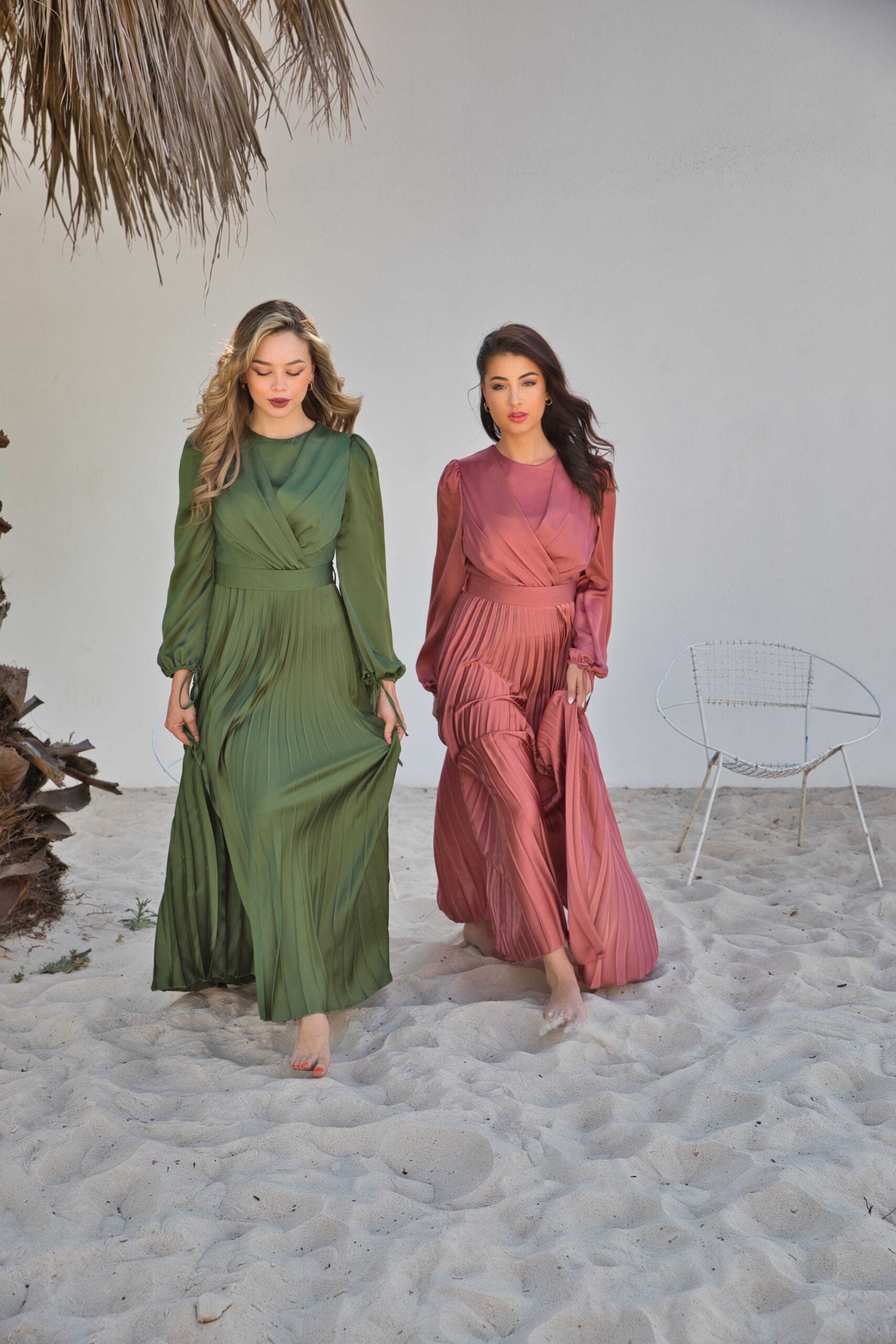 V-Neck Design Satin Pleated Dress