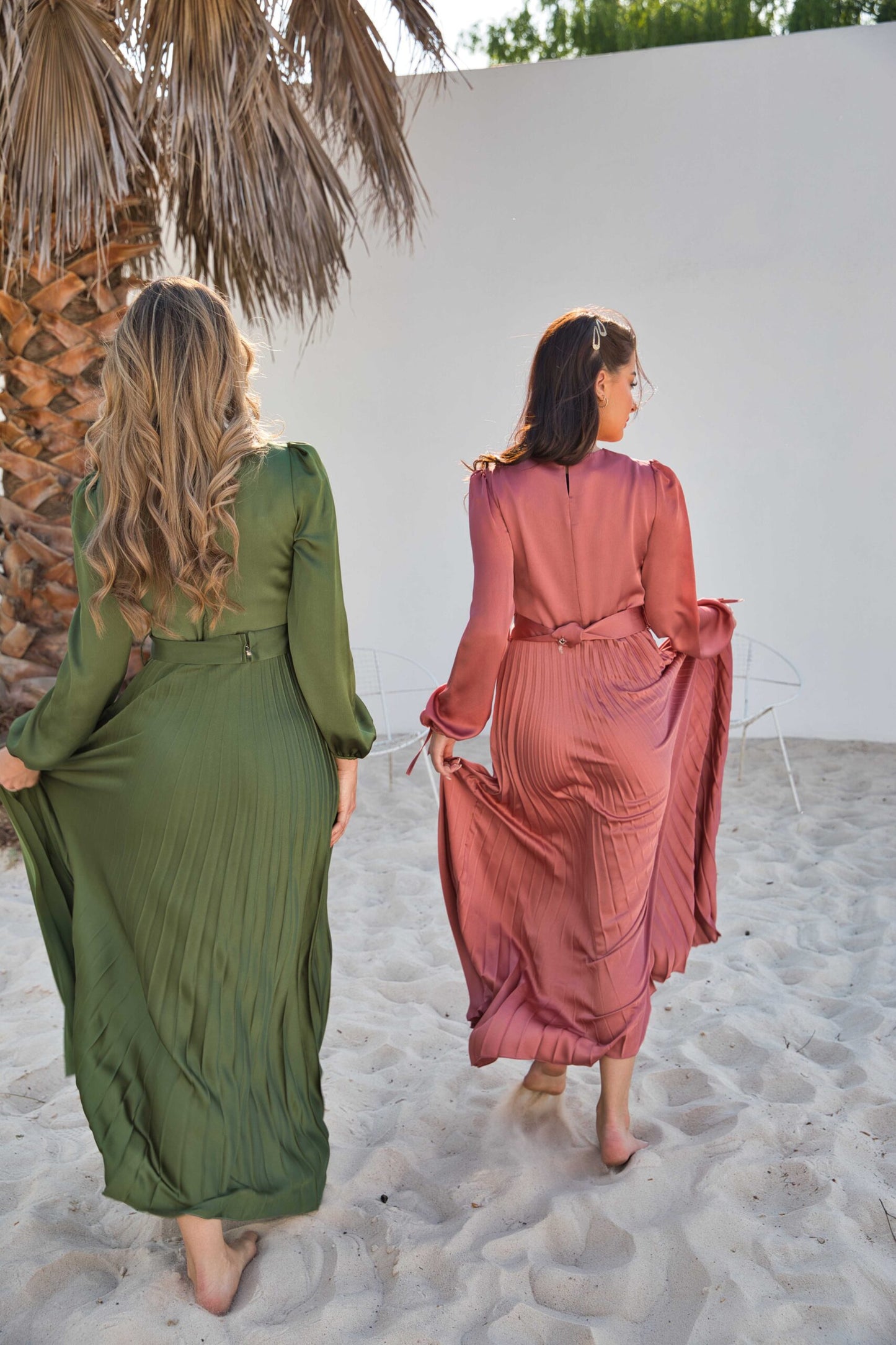 V-Neck Design Satin Pleated Dress